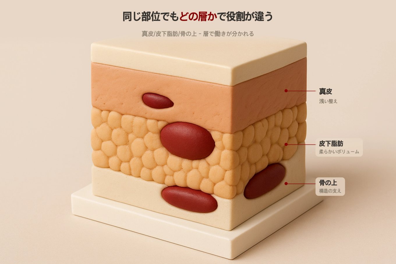 フィラーが真皮 皮下脂肪 骨の上の三層中どこに入るかによって役割が異なることを示す肌断面3Dモデル図
