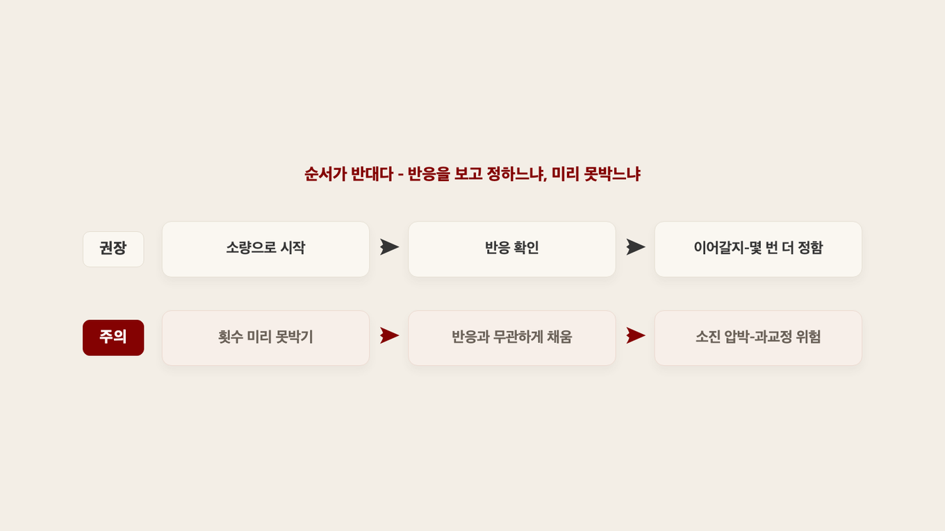 소량으로 시작해 반응을 확인하고 이어갈지 정하는 흐름과, 반응을 보기 전에 횟수를 미리 못박는 방식을 나란히 둔 결정 과정