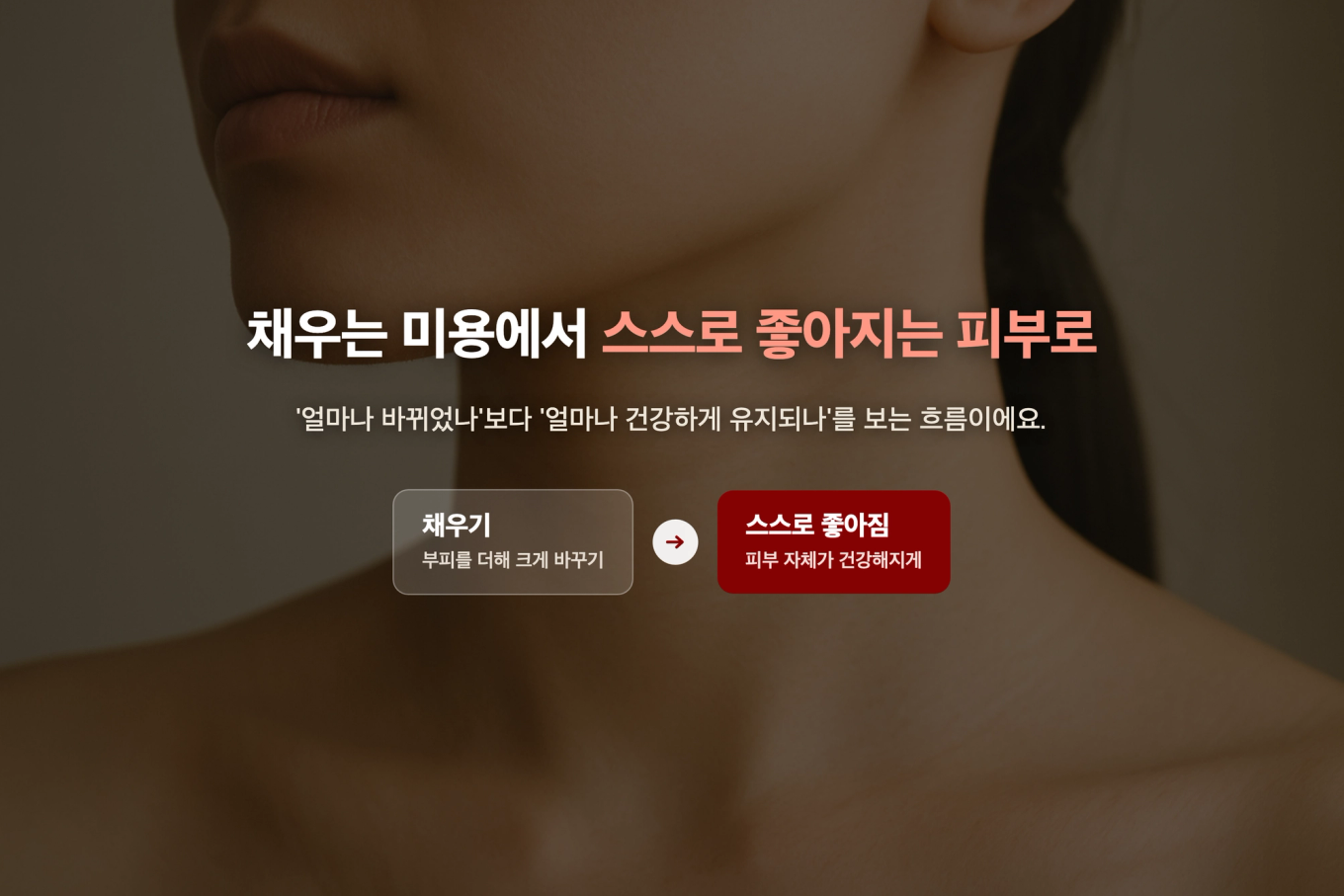 건강하고 매끈한 피부결 실사 위에 '채우는 미용에서 스스로 좋아지는 피부로'라는 관점 이동을 채우기·스스로 좋아짐 칩으로 보여주는 배너
