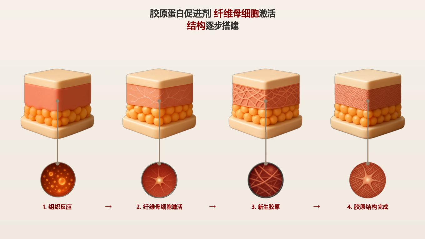 纤维母细胞将胶原纤维编织成密集网状结构的皮肤截面3D模型图示
