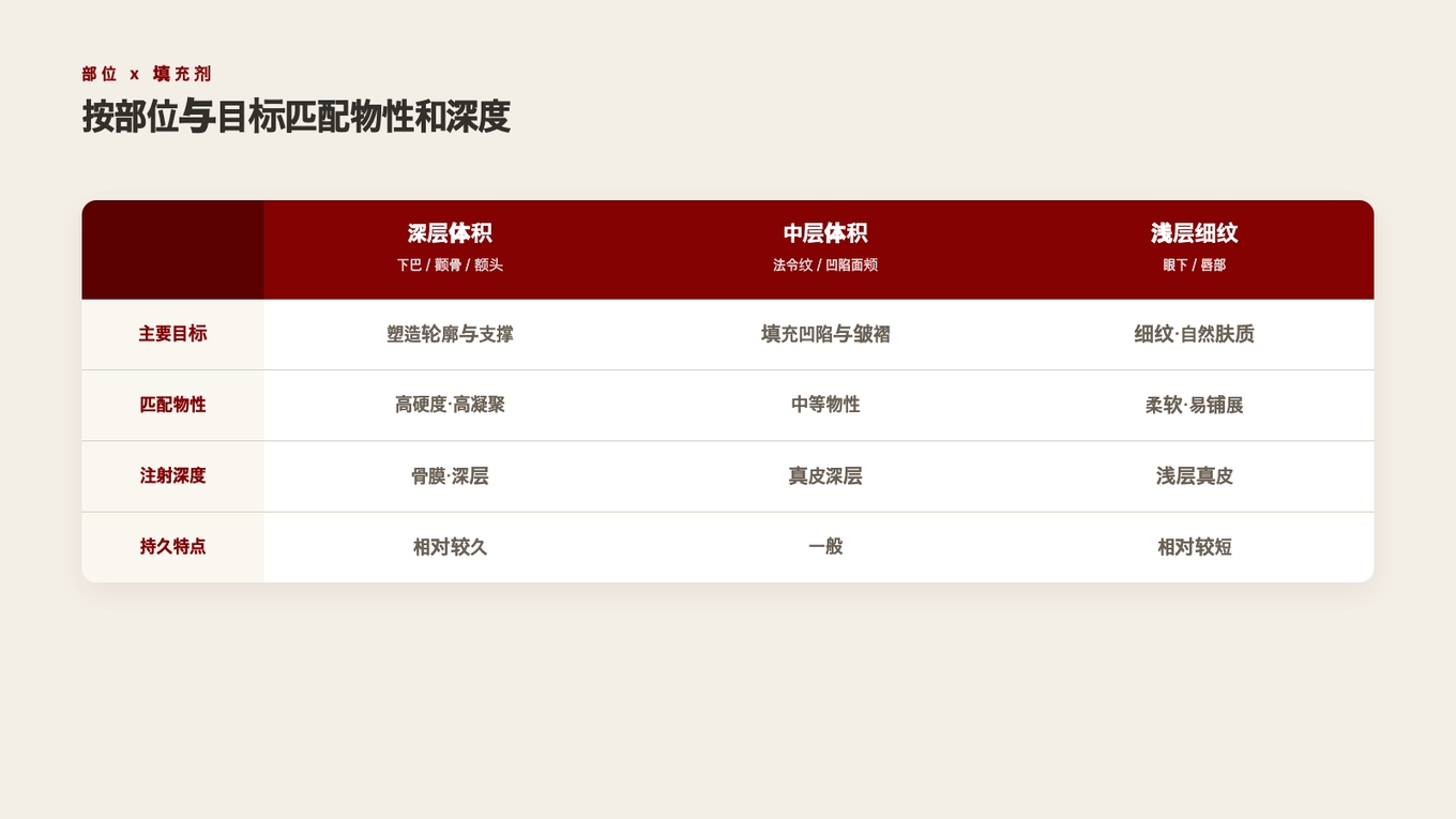 根据填充剂注射部位和目标选择合适物性和深度的选择方向对比表