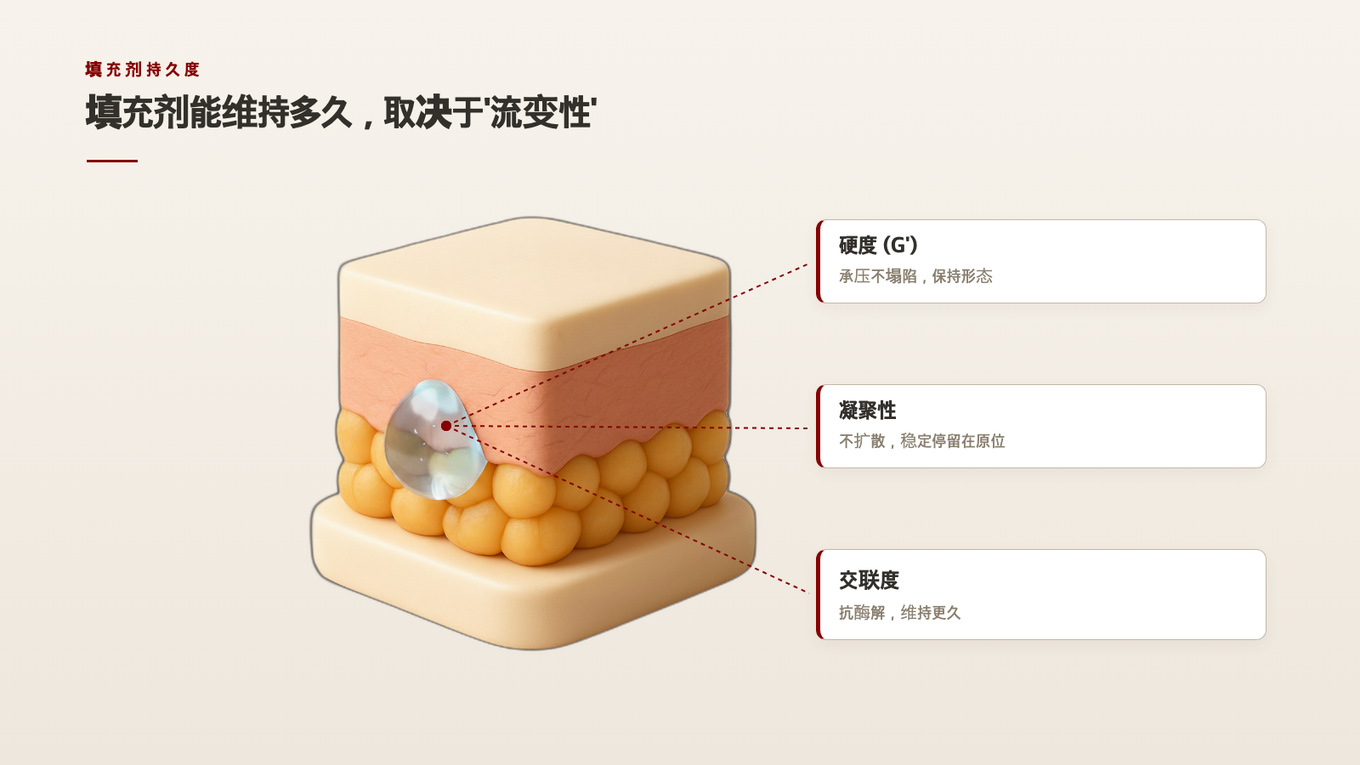透明质酸填充剂的物性如何影响持久性的3D模型示意图 - 硬度、凝聚性和交联度使深层的填充剂更持久