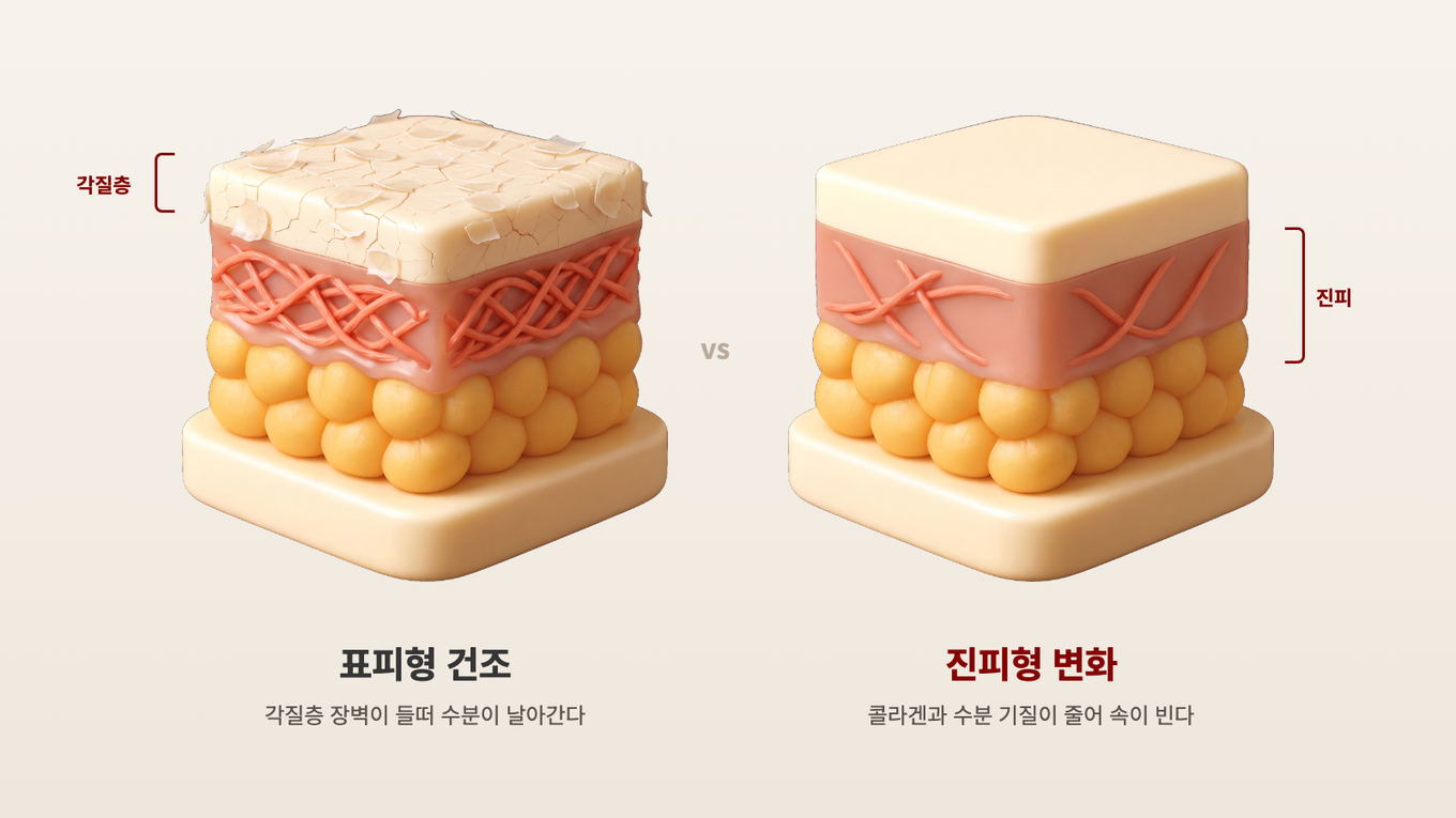왼쪽 피부는 맨 위 각질층이 들뜨고 갈라져 있고, 오른쪽 피부는 겉은 멀쩡하지만 그 아래 진피의 콜라겐이 성글게 비어 있다