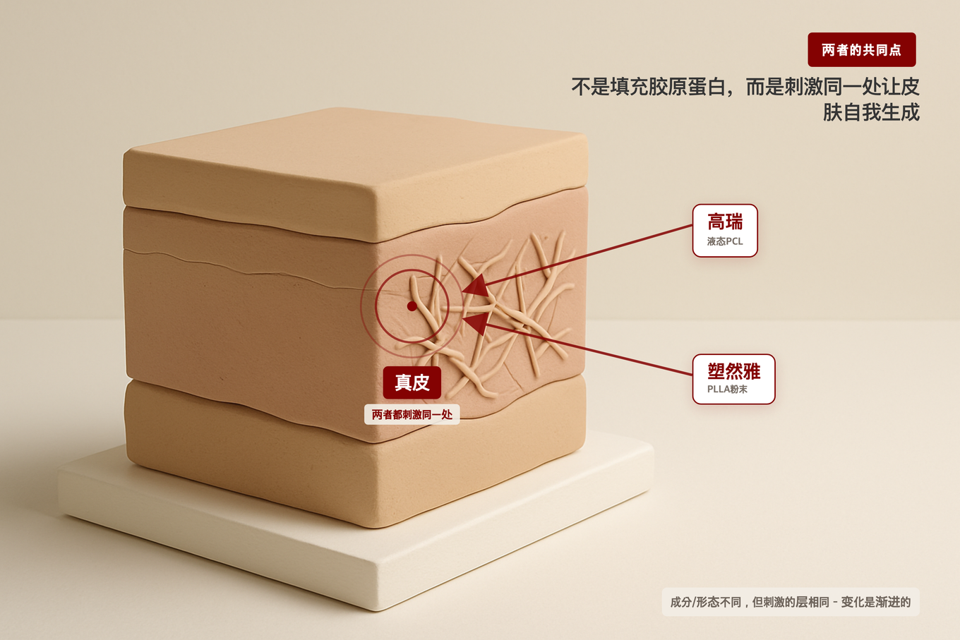 温暖米色调皮肤剖面模型中胶原纤维新生的3D模型示意图