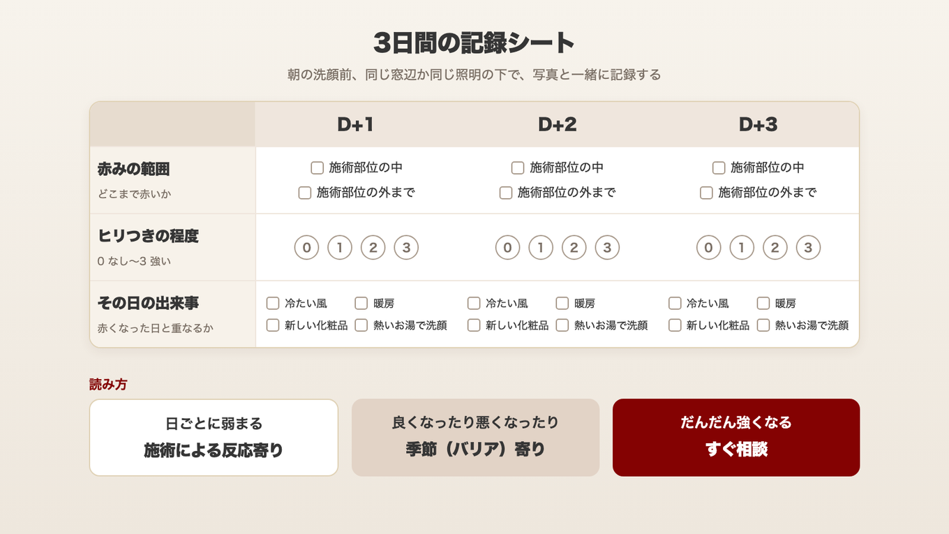 赤みの範囲、ヒリつきの程度、その日の出来事を3日間記録するシート