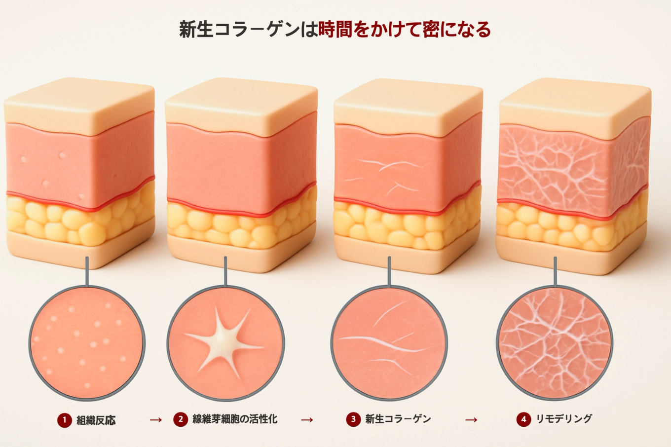 新しいコラーゲン繊維が初めは緩く、後に密に編まれ整理される過程を示した皮膚断面3Dモデル図