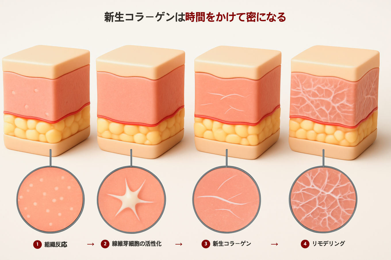 新しいコラーゲン繊維が初めは緩く、後に密に編まれ整理される過程を示した皮膚断面3Dモデル図