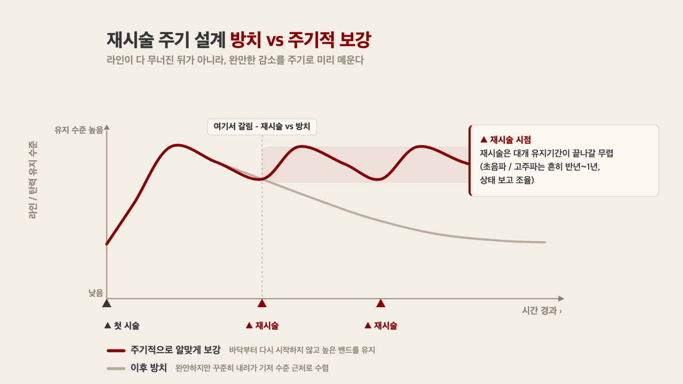 첫 시술 후 정점까지는 두 경로가 같지만, 유지기간이 끝나갈 무렵 갈린다. 방치하면 완만하지만 꾸준히 내려가 기저 수준 근처로 수렴하고, 감소 시점마다 재시술로 보강하면 높은 유지 밴드가 톱니처럼 이어지는 것을 보여주는 도식