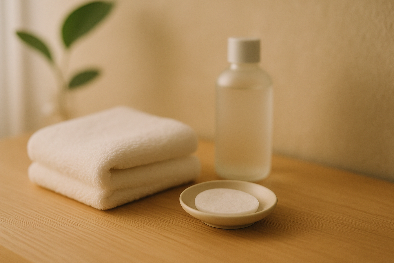 Calm care essentials for post-treatment soothing and basic hydration - folded white towel and care products
