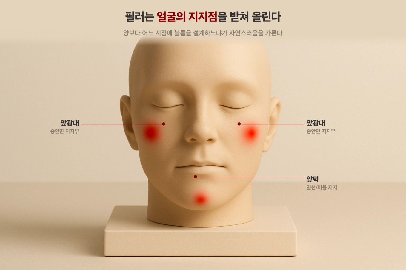 필러의 자연스러움은 양보다 얼굴 어느 지점에 볼륨을 설계하느냐로 갈린다는 것을 보여주는 얼굴 정면 볼륨 지도 3D 모형 도식