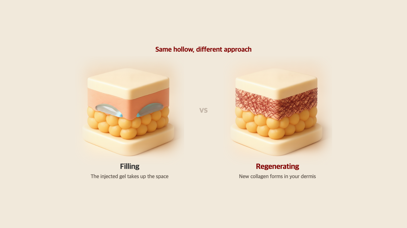 Left, a cross-section where filler gel sits in the dermis and fills the hollow space; right, a cross-section where a new collagen mesh has been rebuilt in the dermis - the difference between filling and regenerating