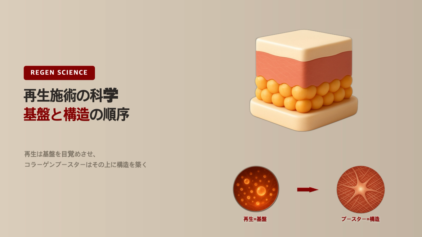 幹細胞再生施術とコラーゲンブースターが基礎と補強として共に作用する再生施術の科学タイトルバナー
