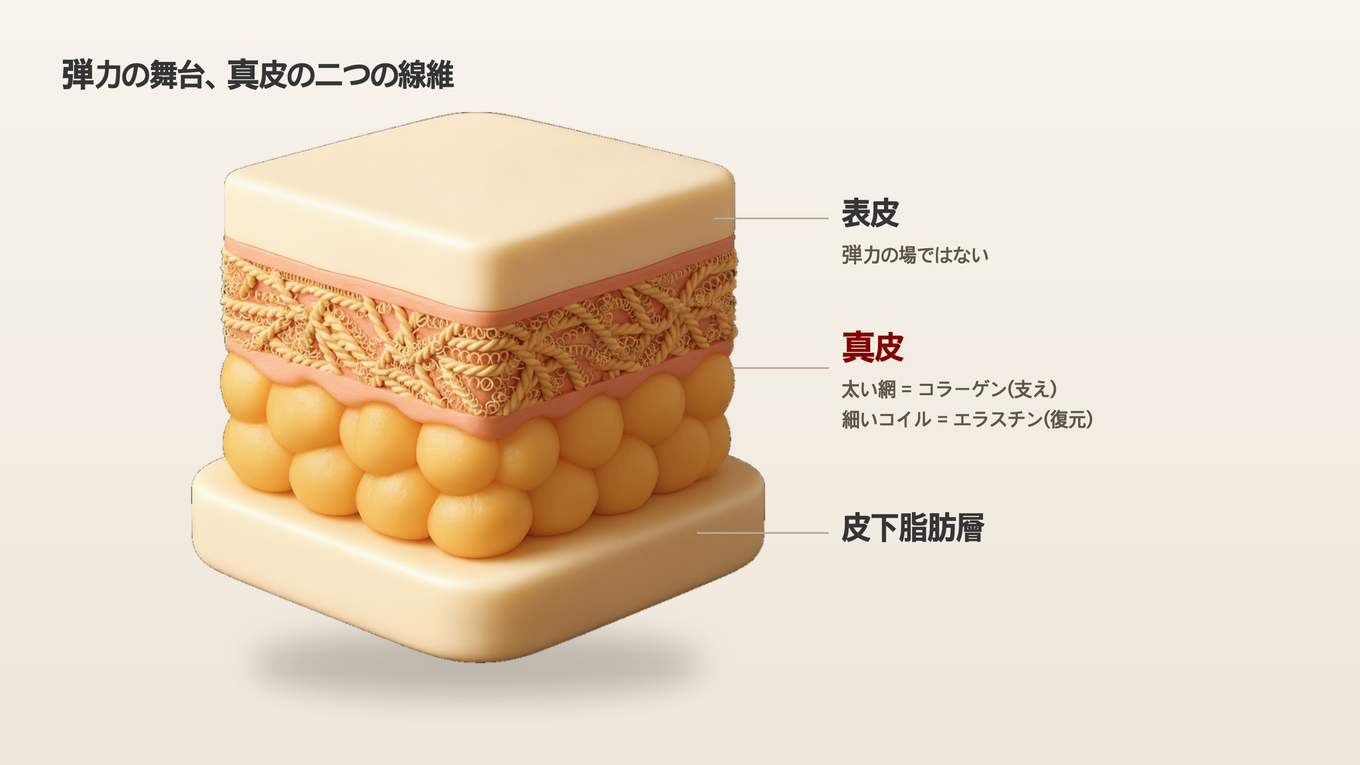 真皮の中でコラーゲンの網が形を支え、エラスチンのバネが伸びた肌を戻す構造