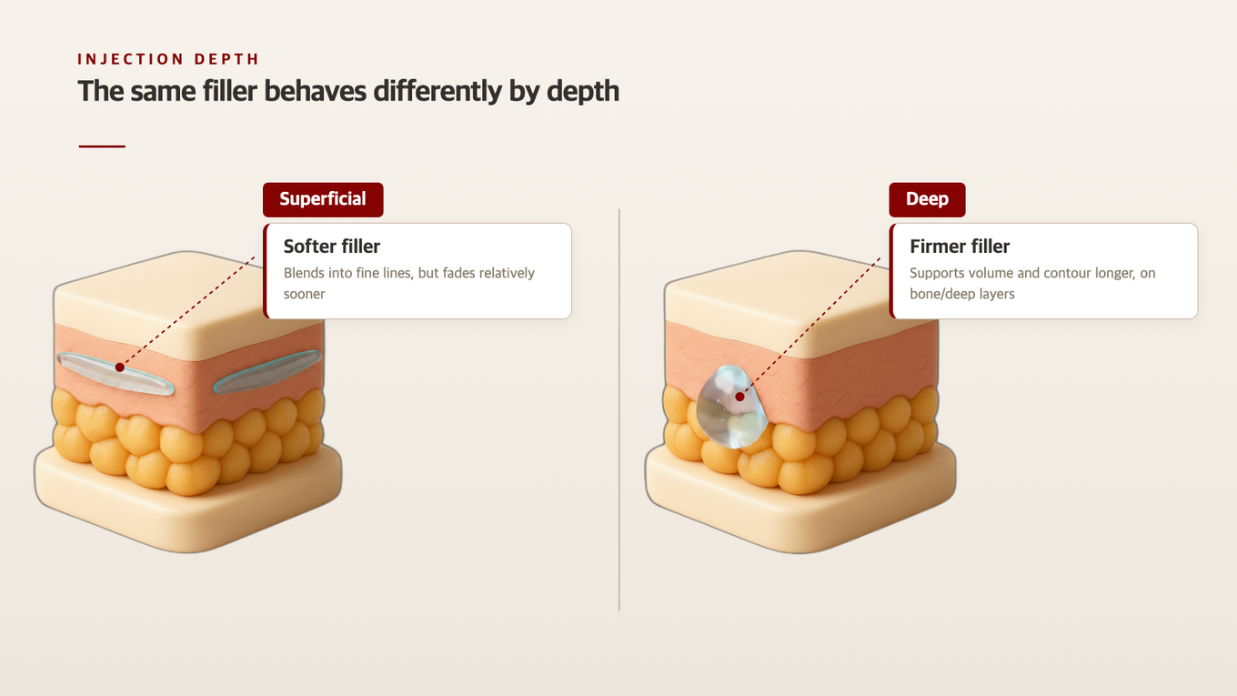 Diagram contrasting how fillers behave differently based on injection depth
