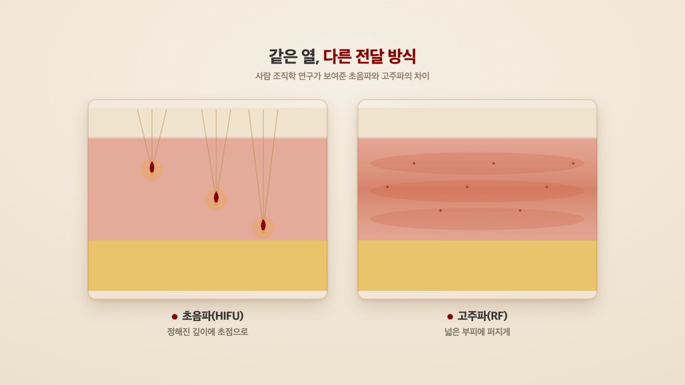 초음파는 정해진 깊이에 초점으로, 고주파는 넓은 부피에 퍼지게 열을 전달한다