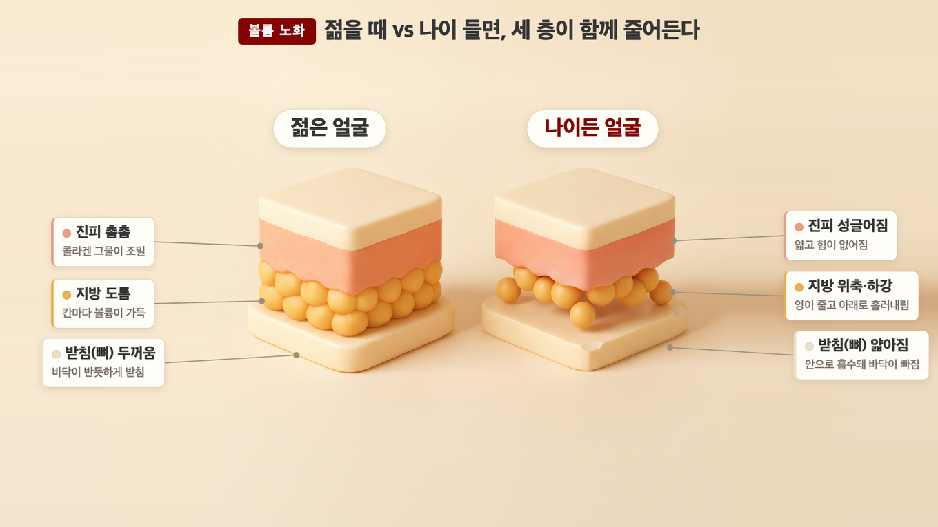 젊은 얼굴은 지방이 도톰하고 받침이 두껍고 진피가 촘촘하지만, 나이 들면 지방이 위축·하강하고 받침이 얇아지고 진피가 성글어진다