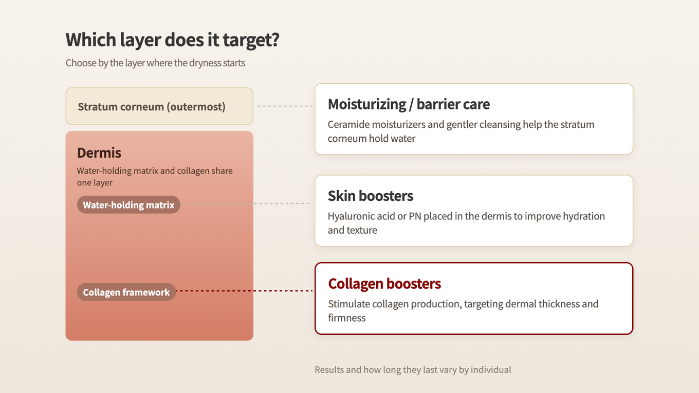 Moisturizers and barrier care target the stratum corneum, skin boosters target hydration and texture in the dermis, and collagen boosters target the collagen structure of the dermis