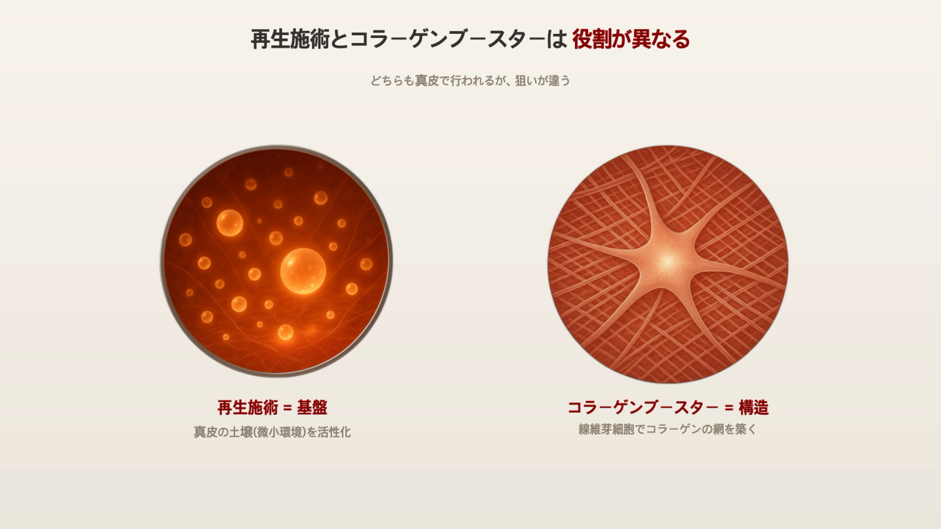 再生施術が真皮の基礎（微小環境）を活性化する様子とコラーゲンブースターが線維芽細胞でコラーゲンの網構造を築く様子を真皮拡大で左右対比した図