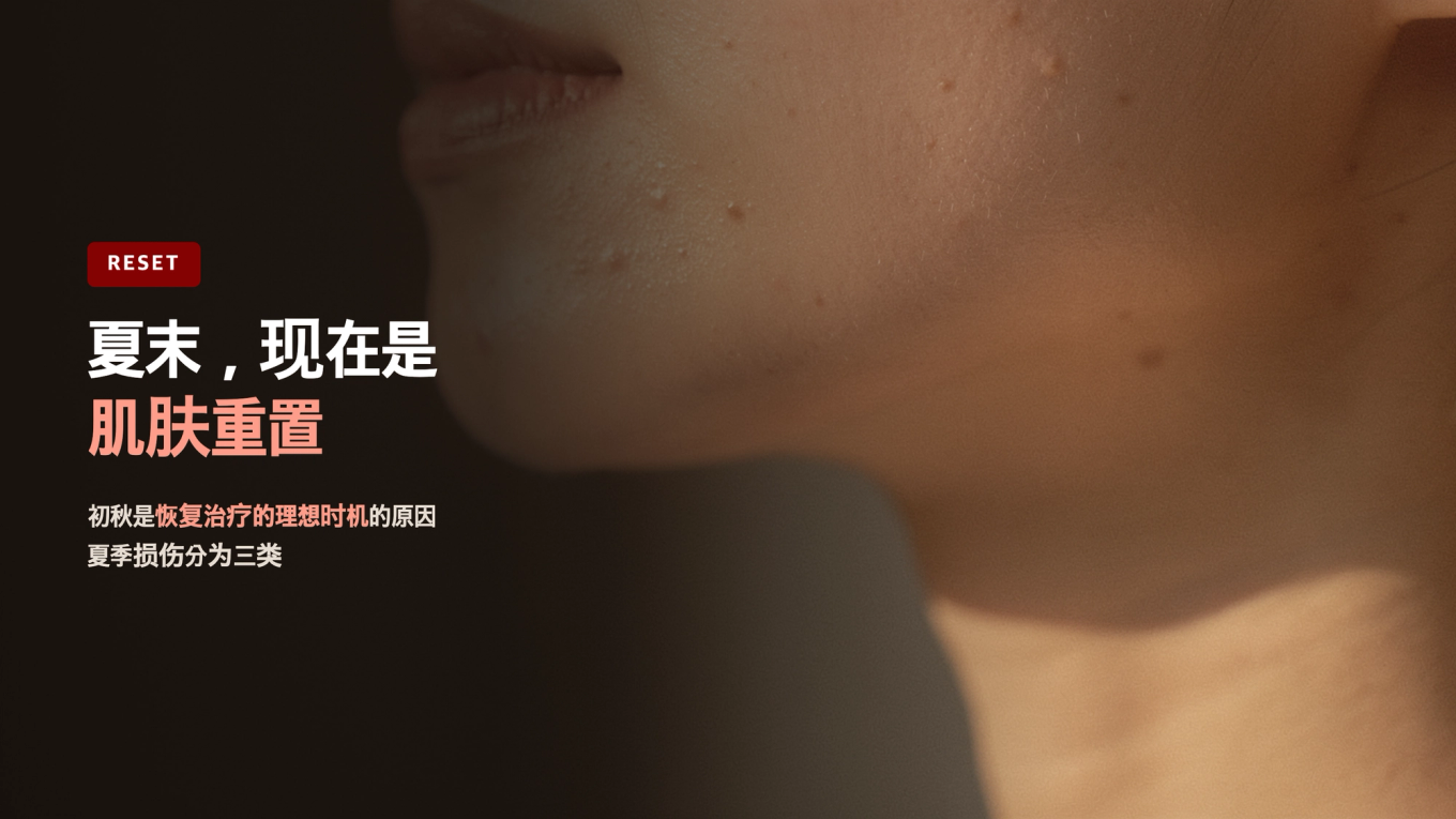 初秋温暖阳光下的健康肌肤,夏季损伤修复与初秋恢复疗程的博客标题文字叠加的缩略图横幅
