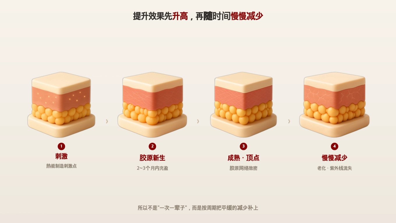 用皮肤切面3D模型分四个阶段，展示提升刺激后胶原新生、成熟，再随老化逐渐减少的过程