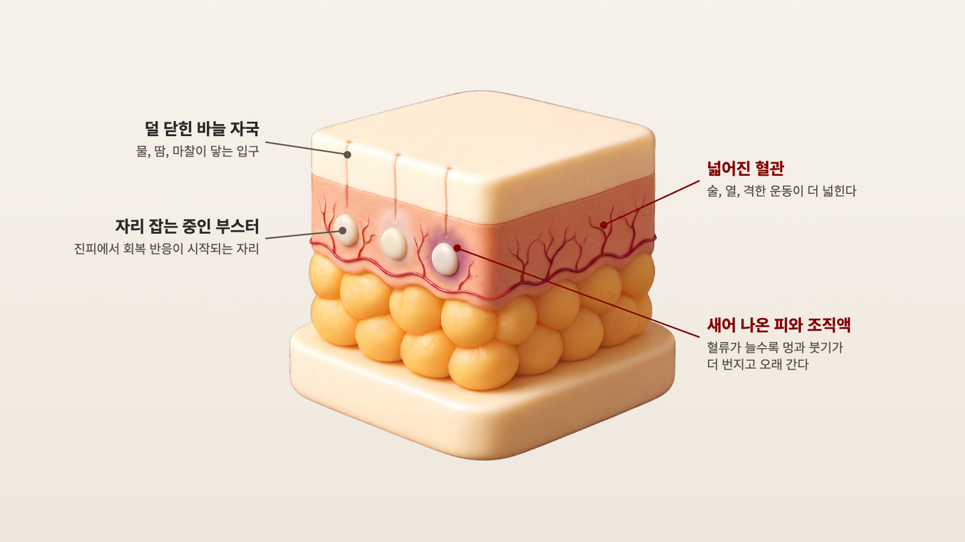 덜 닫힌 바늘 자국, 자리 잡는 부스터, 넓어진 혈관, 새어 나온 피가 회복 중인 진피에 함께 있는 모습