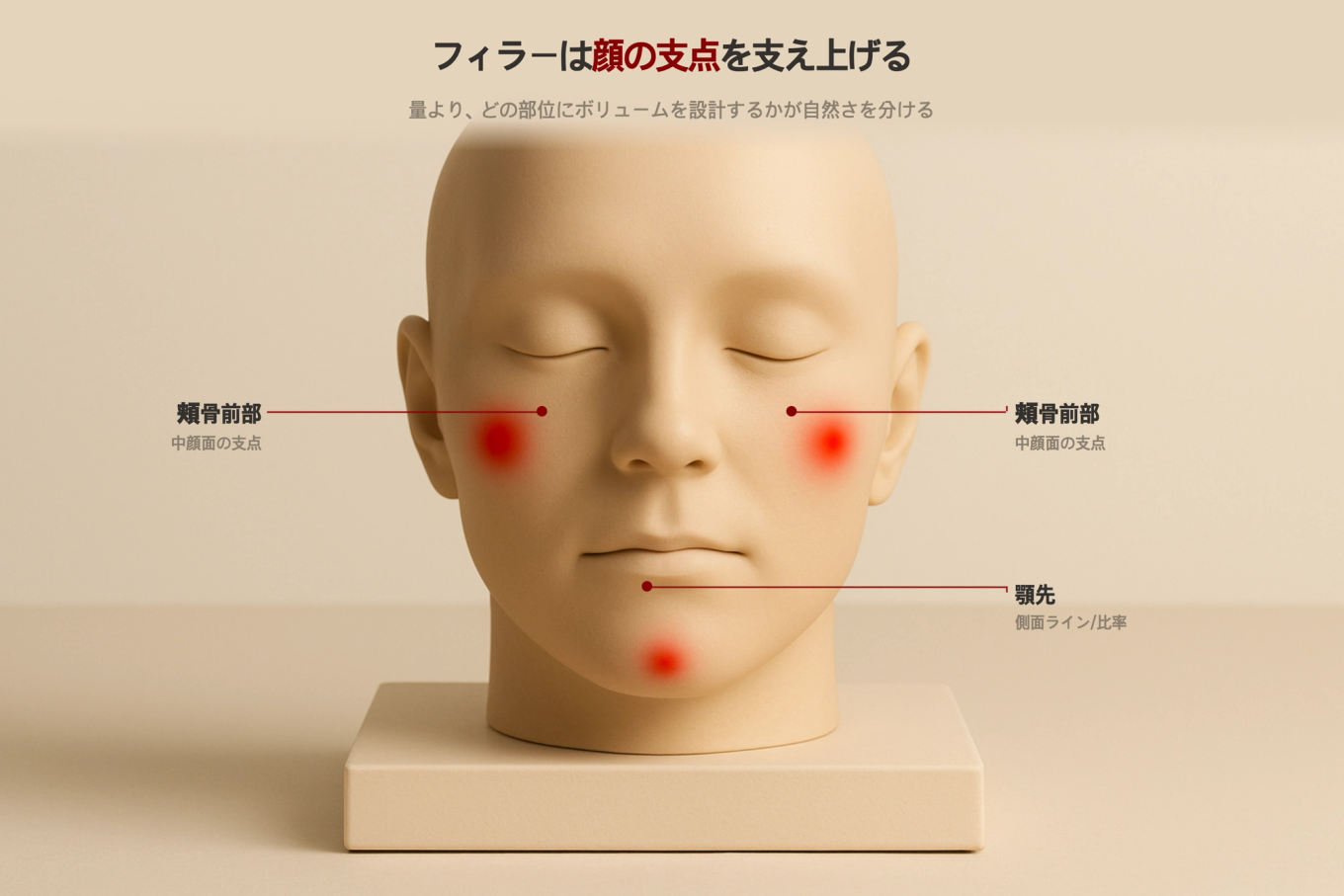フィラーの自然さは量よりも顔のどの地点にボリュームを設計するかで分かれることを示す顔の正面ボリュームマップ3Dモデル図