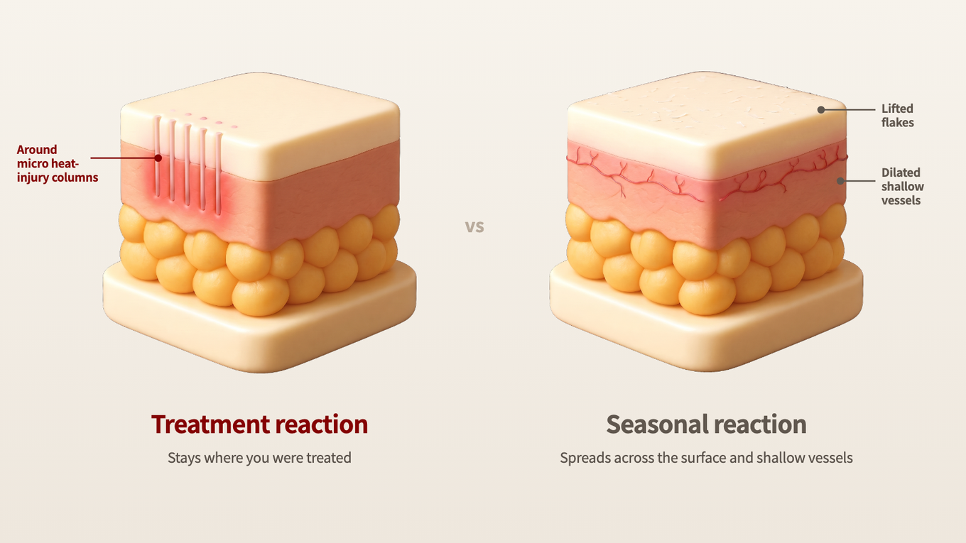 Skin cross-section models: a treatment reaction stays red around the heat-injury points, while a seasonal reaction spreads across the surface and shallow blood vessels