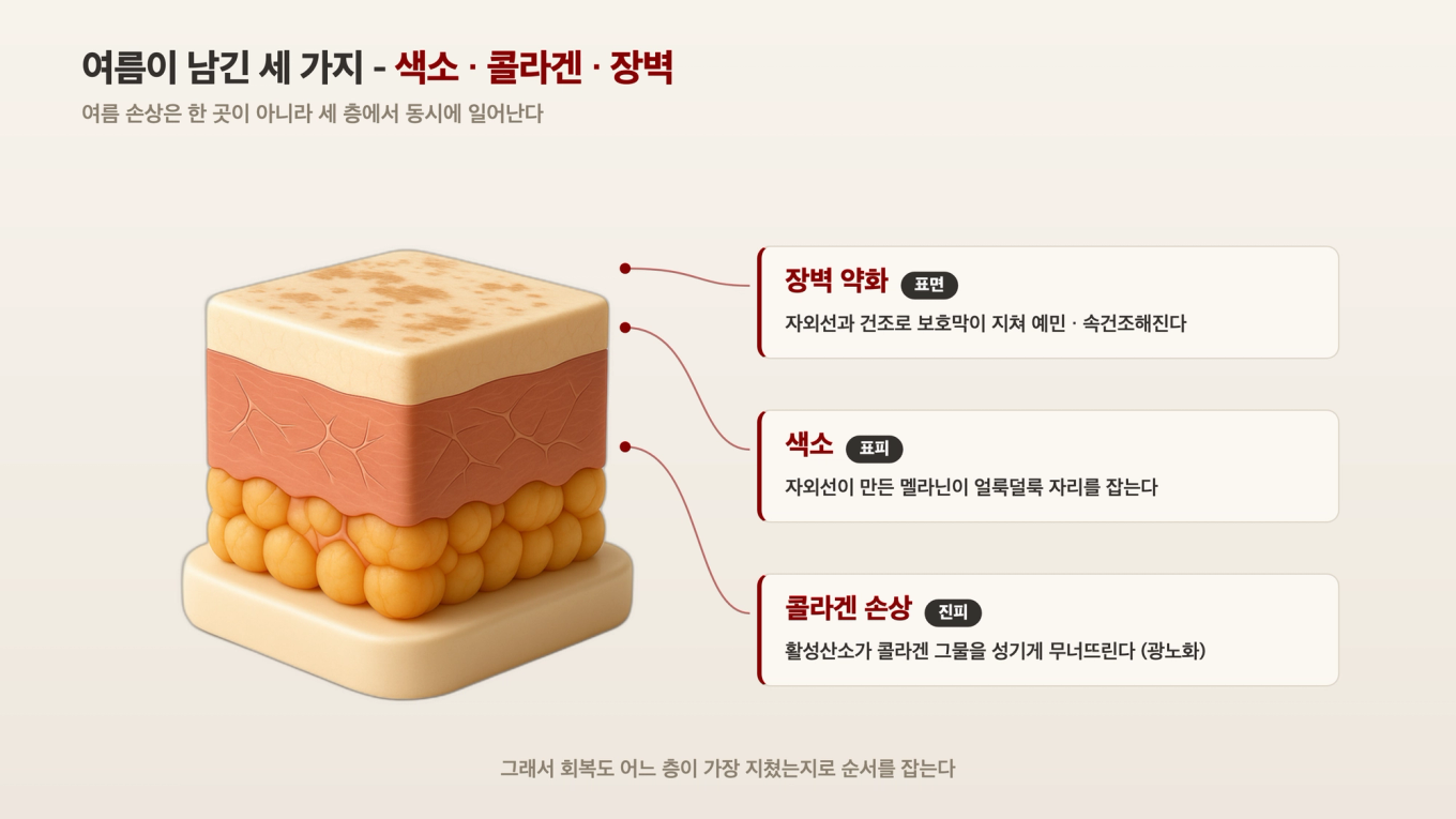 여름 자외선 손상을 색소(표피)/콜라겐 성김(진피)/장벽 건조 세 갈래로 보여주는 피부 단면 3D 모형 도식