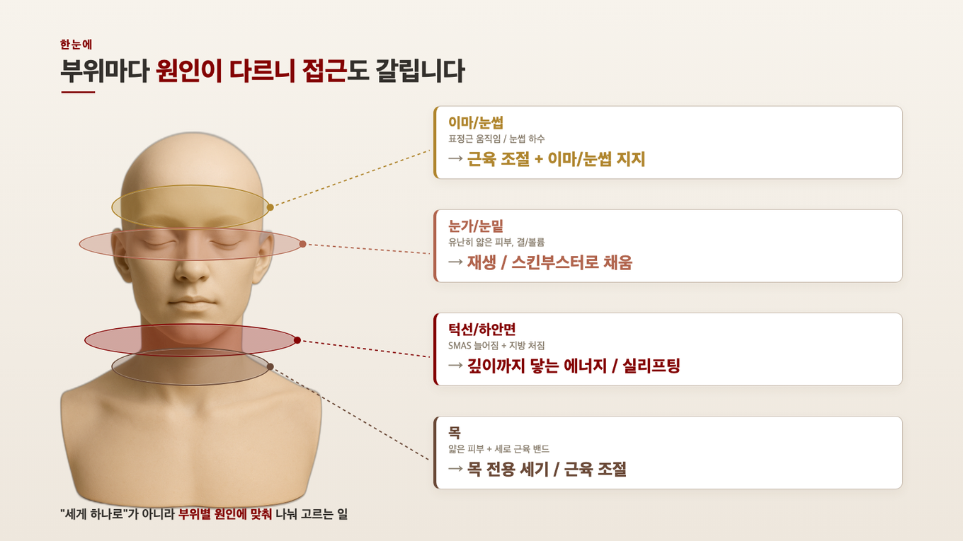 이마는 근육과 눈썹, 눈가는 얇은 피부, 턱선은 SMAS와 지방, 목은 근육 밴드로 부위마다 처짐 원인과 먼저 보는 접근이 갈린다