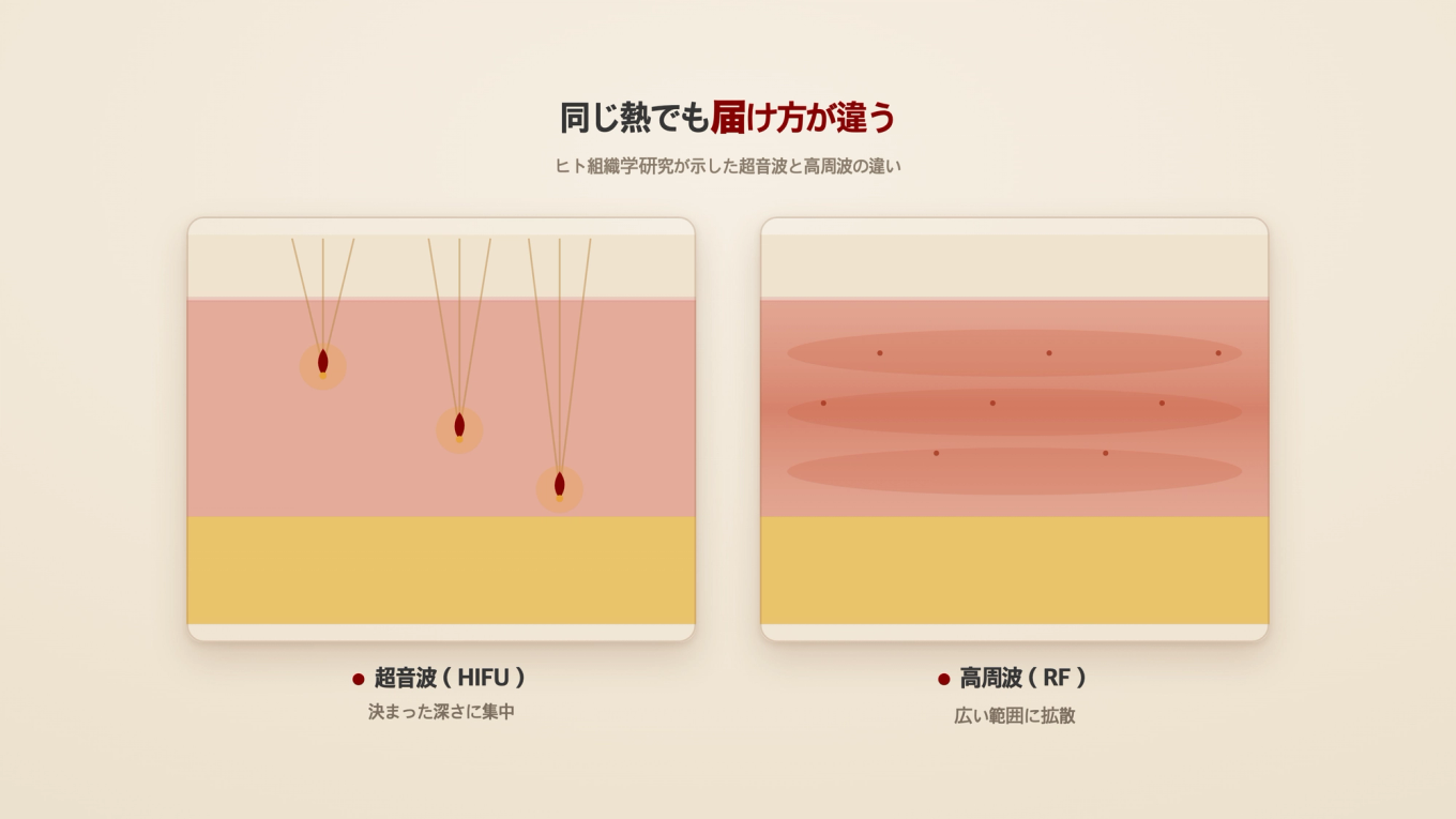 超音波は決まった深さに焦点を絞り、高周波は真皮の複数の層に広げるように熱を届ける