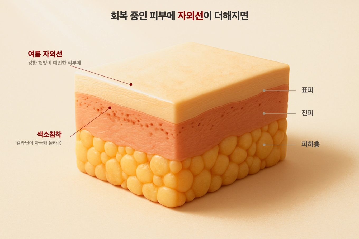 여름철 자외선이 회복 중인 피부에 색소침착을 유발하는 원리 도식
