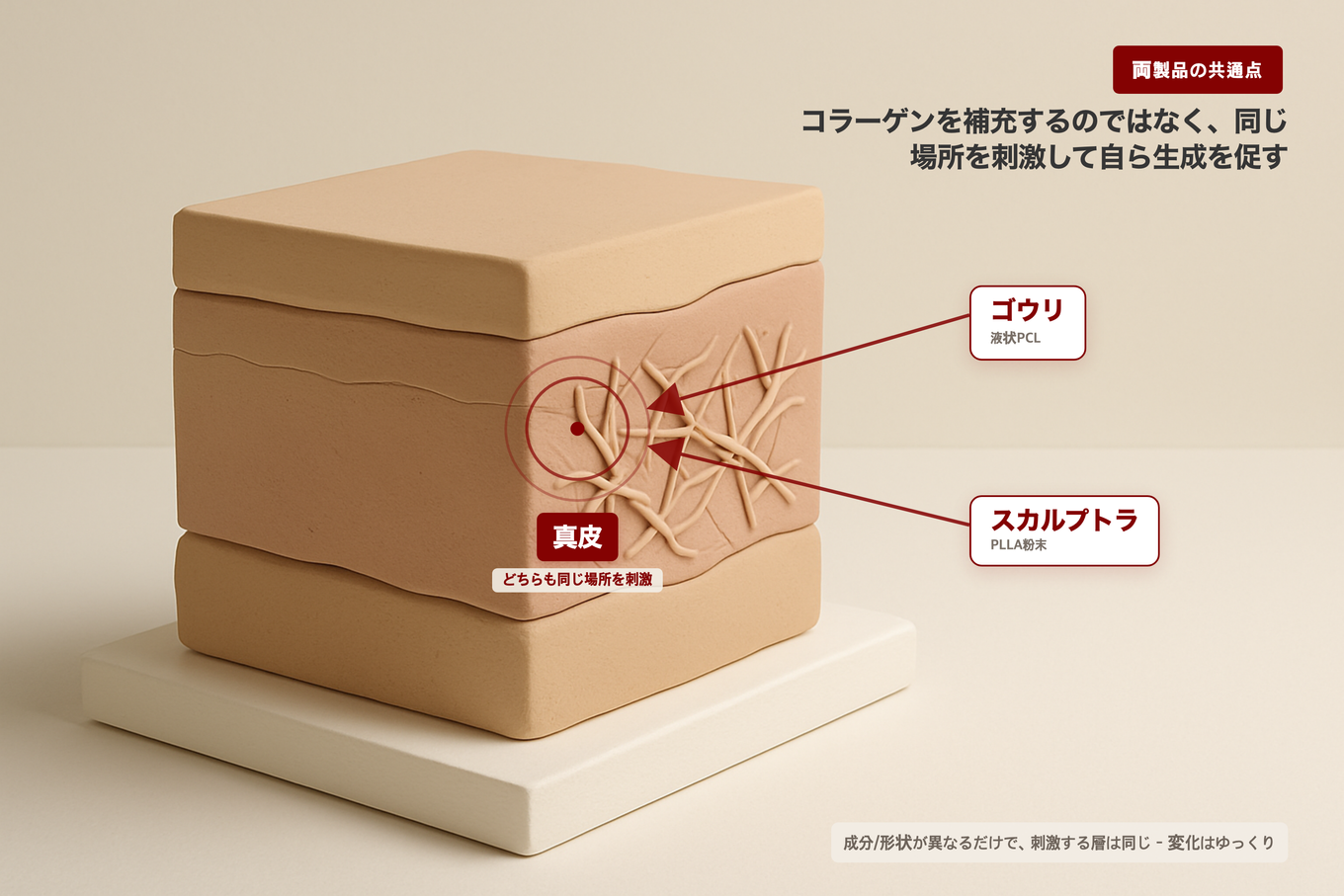 ゴウリもスカルプトラも真皮の同じ層を刺激し、新しいコラーゲン繊維を生み出す