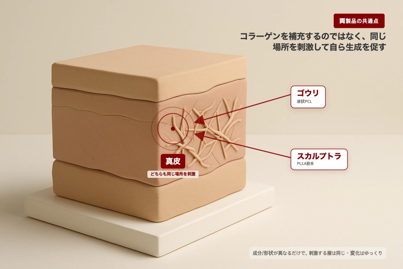 ゴウリもスカルプトラも真皮の同じ層を刺激し、新しいコラーゲン繊維を生み出す