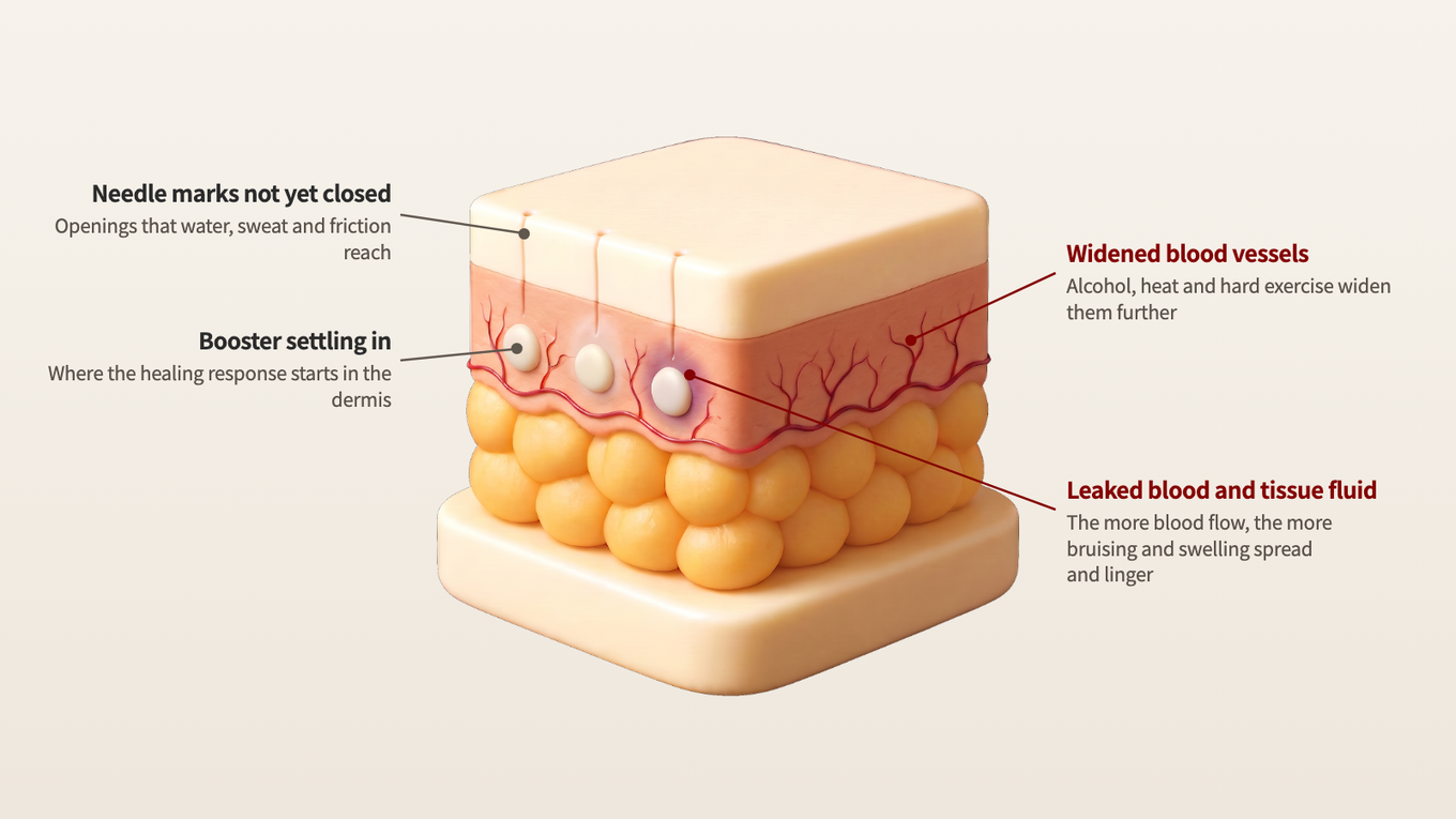 Needle marks that haven't closed, booster product settling in, widened blood vessels and leaked blood together in healing dermis
