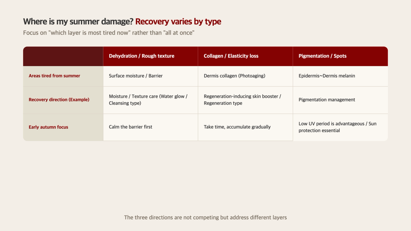 Comparison table showing recovery directions and timing considerations by summer damage types (inner dryness/rough texture, collagen/elastin loss, pigmentation/spots)