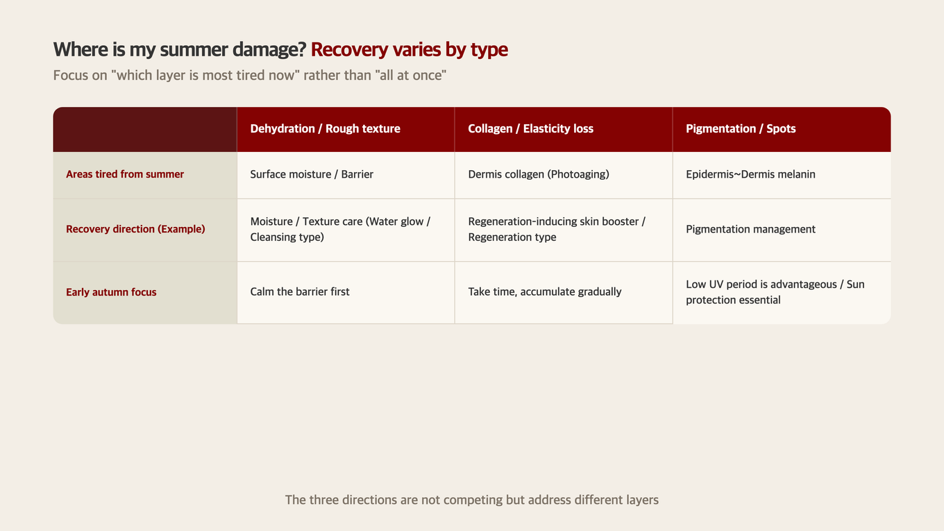 Comparison table showing recovery directions and timing considerations by summer damage types (inner dryness/rough texture, collagen/elastin loss, pigmentation/spots)