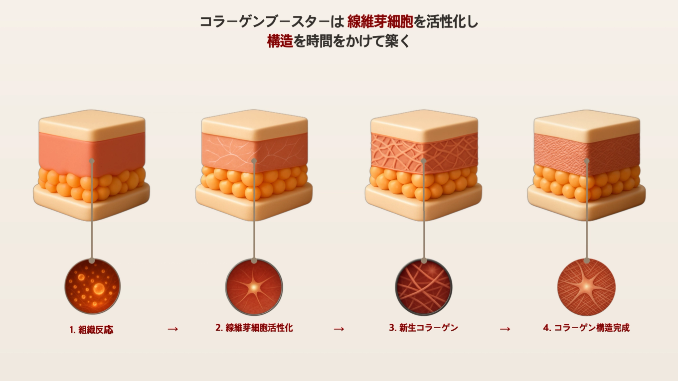 線維芽細胞がコラーゲン繊維を密な網状構造として編み上げる様子を描いた肌断面3Dモデル図