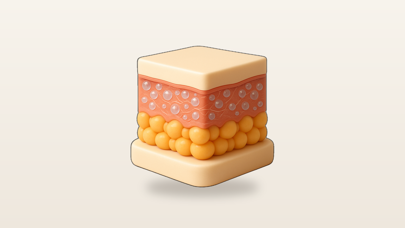 A cross-section model showing a collagen booster settling into the dermis and prompting collagen production