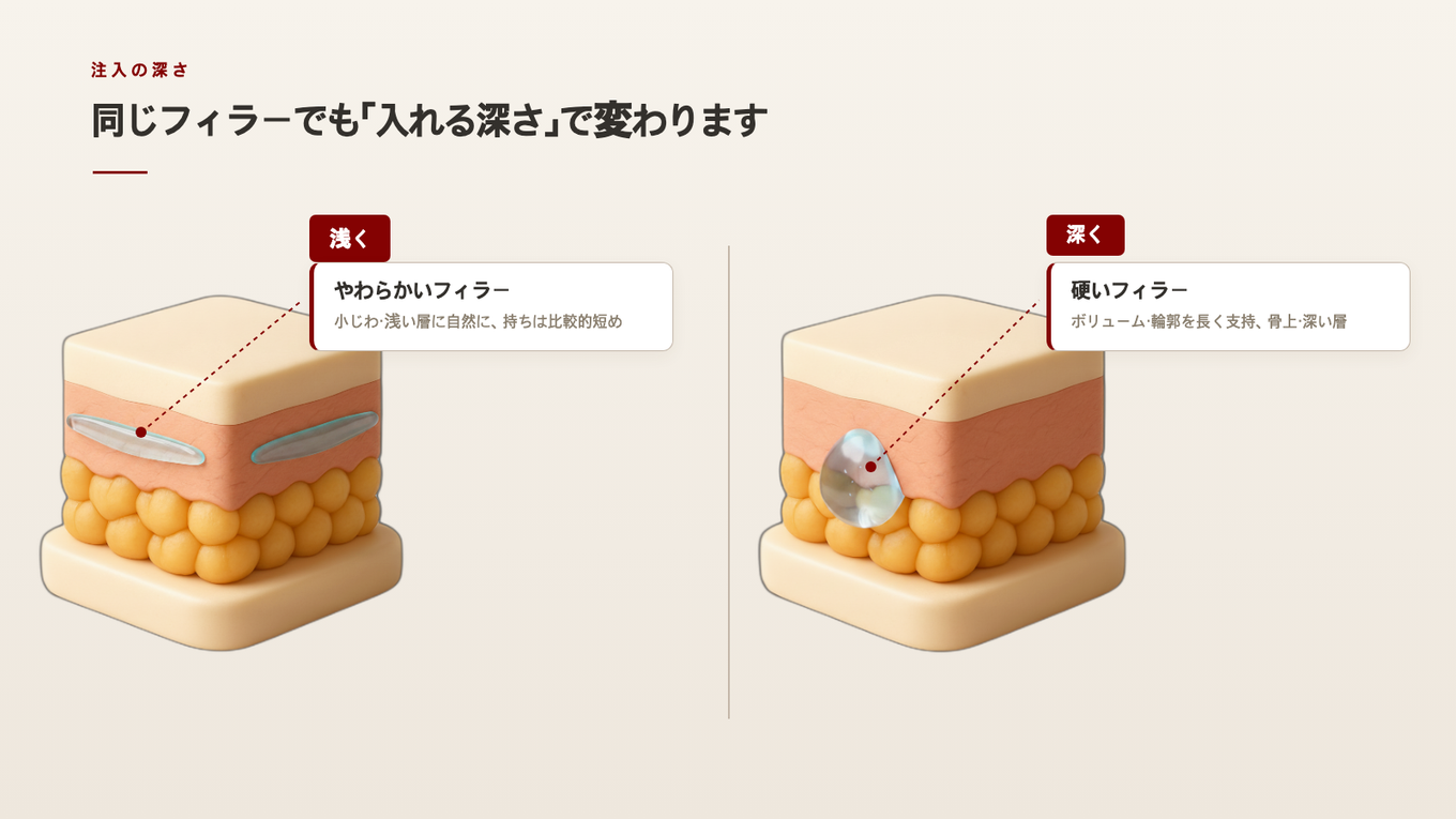 柔らかいフィラーは浅い層に自然に統合され、硬いフィラーは深い層に長くボリュームを支えるということを肌断面3Dモデル2つで対比した注入深度図解