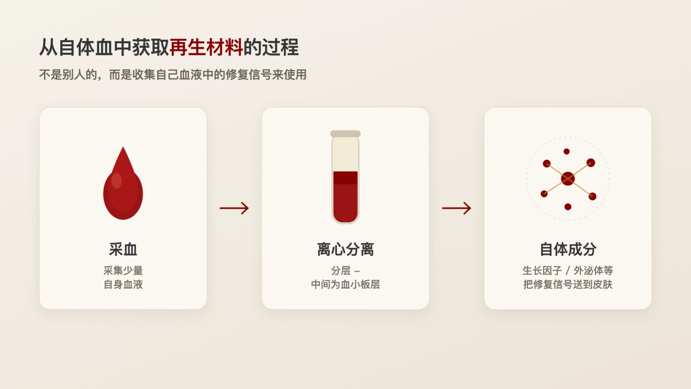 少量采血后通过离心分离出富含血小板的血浆层,从中获取生长因子和信号物质的过程