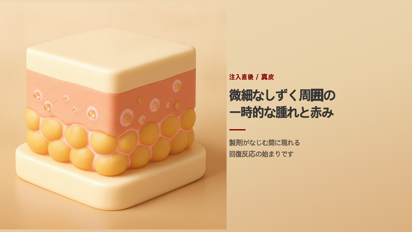 注入直後の真皮 - 微細に分散して入った製剤の周囲に一時的な腫れと赤みがみられる状態