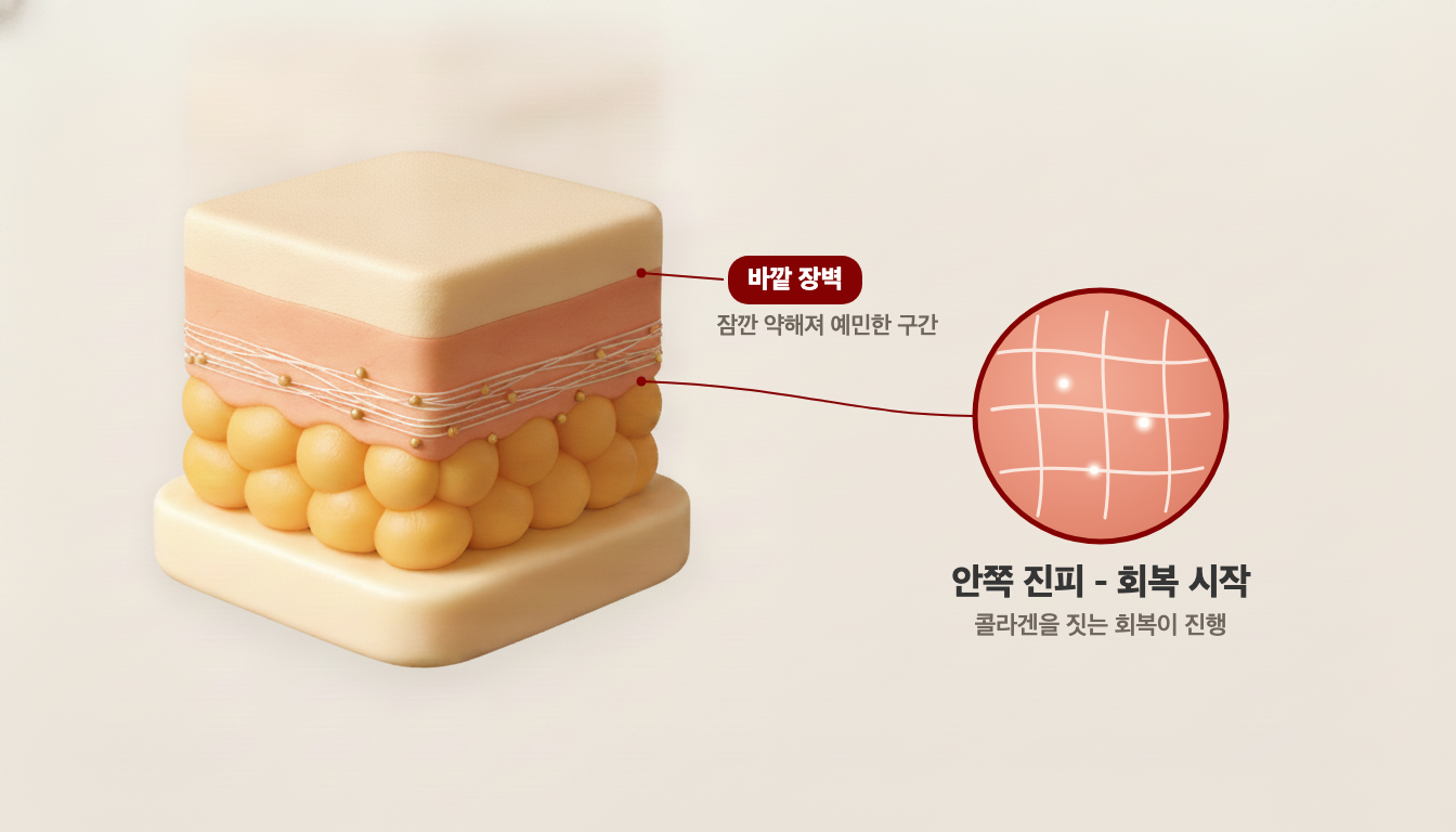 시술 직후 피부는 안쪽 진피에서 콜라겐 회복이 시작되는 동안 바깥 장벽이 잠깐 약해지는 회복 창에 들어간다