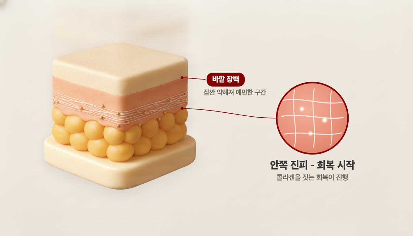 시술 직후 피부는 안쪽 진피에서 콜라겐 회복이 시작되는 동안 바깥 장벽이 잠깐 약해지는 회복 창에 들어간다
