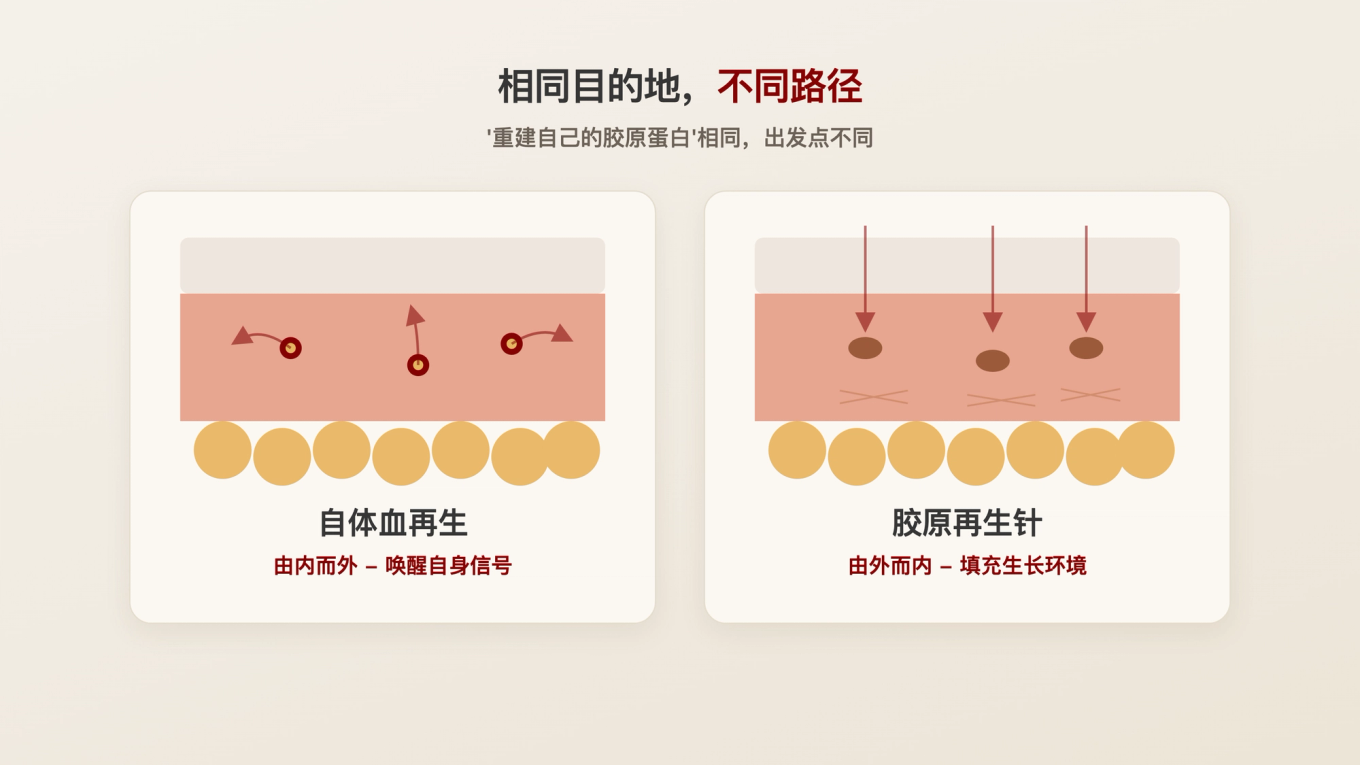 唤醒自身信号的自体血再生与通过注入成分营造环境的胶原再生针,目的相同路径不同