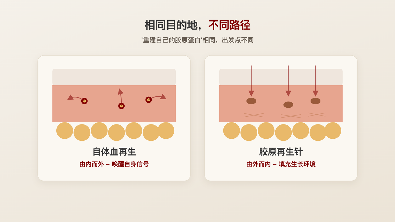 唤醒自身信号的自体血再生与通过注入成分营造环境的胶原再生针，目的相同路径不同