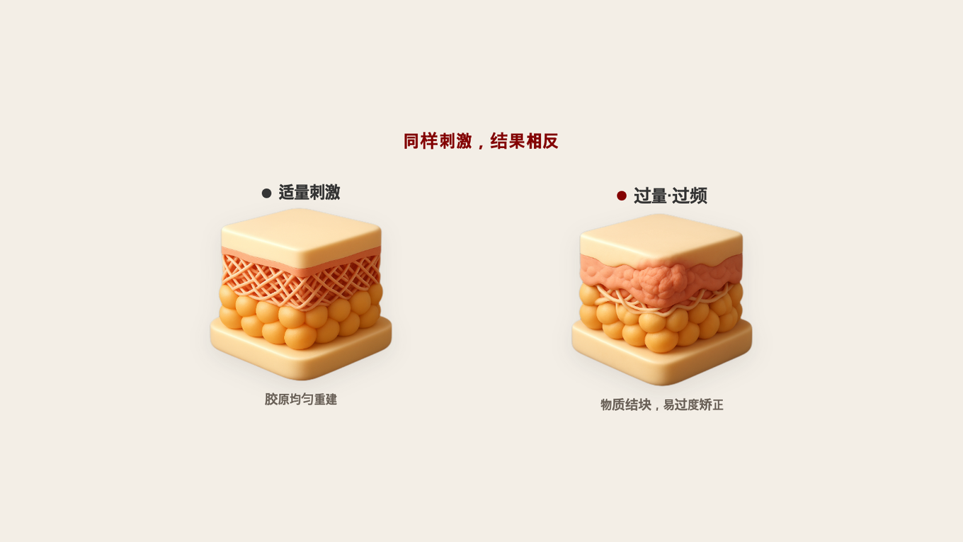 适量刺激的真皮中胶原均匀重建,与过量/过频刺激的真皮中物质结块,两种情况并排对比的剖面模型