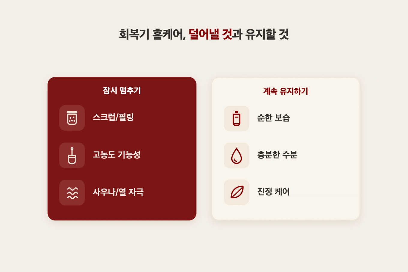시술 후 회복기 홈케어 - 잠시 멈출 것과 계속 유지할 것 비교