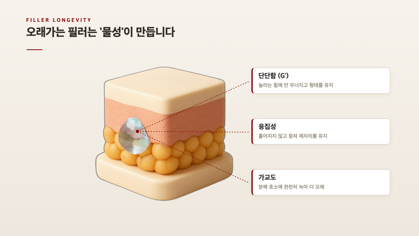 히알루론산 필러의 물성이 지속을 좌우하는 원리를 피부 단면 3D 모형으로 보여주는 도식 - 단단함과 응집성과 가교도가 깊은 층에 자리 잡은 필러를 오래 버티게 한다
