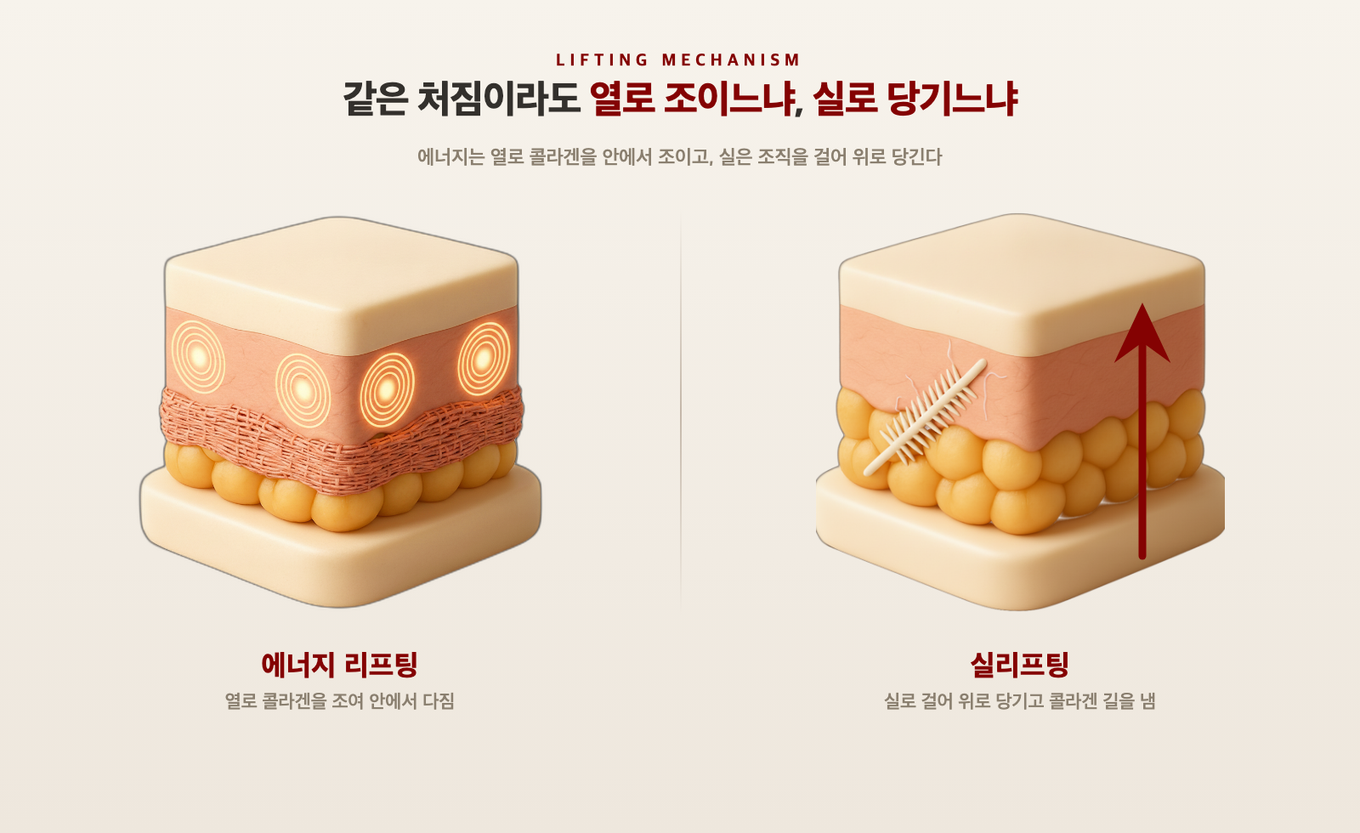에너지 리프팅과 실리프팅이 피부에 작용하는 방식을 비교한 피부 단면 3D 모형
