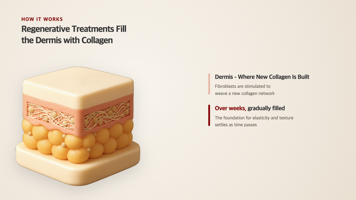 Fibroblasts in the dermis take time to build new collagen, forming the foundation for elasticity